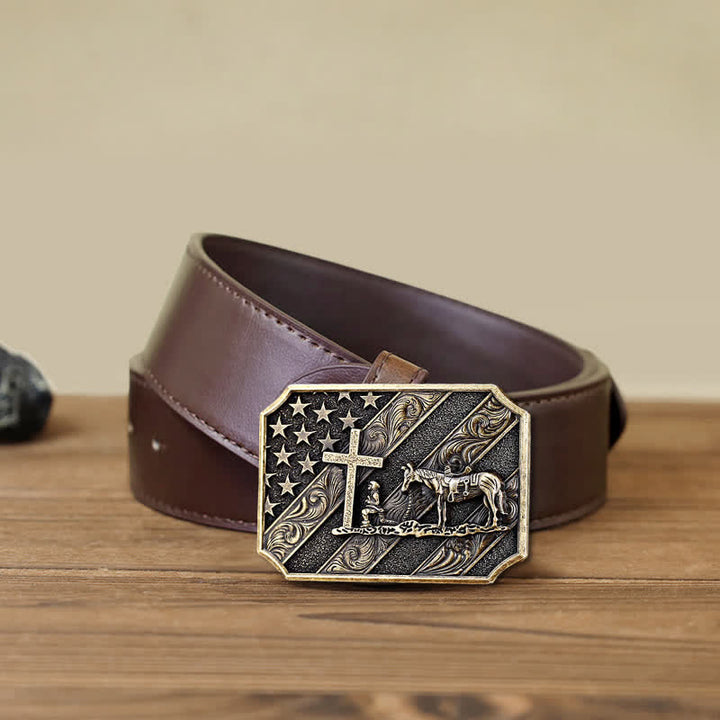 Men's DIY American Flag Cross Prayer Horse Buckle Leather Belt