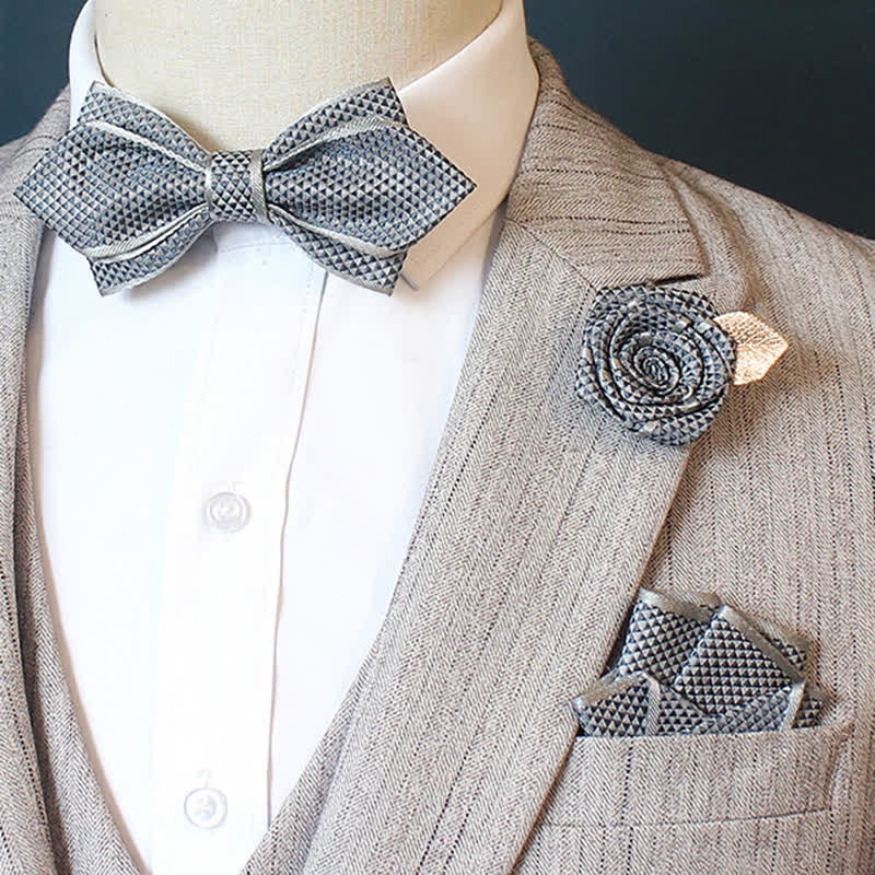 3Pcs Men's Micro Check Wedding Groom Bow Tie Set