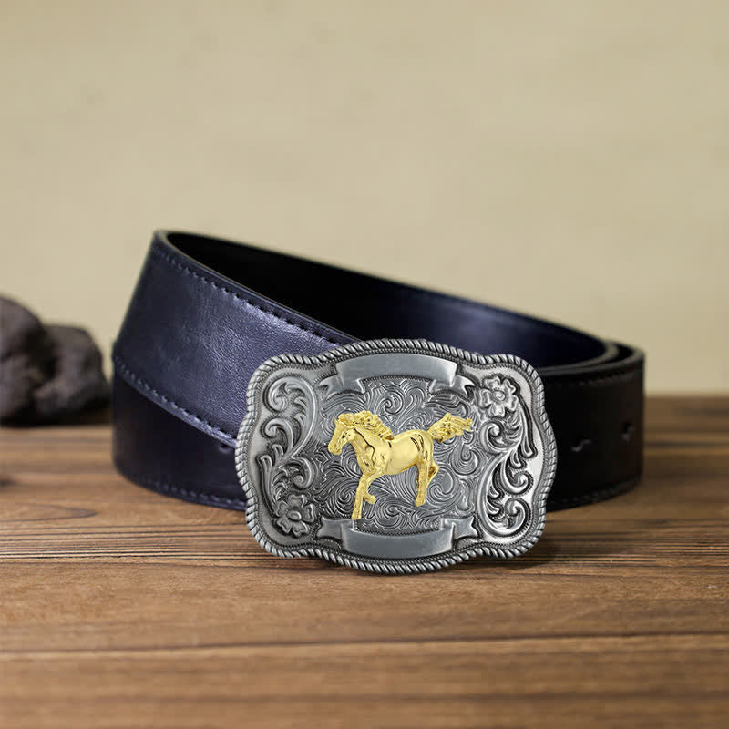Men's DIY Gold Carving Animal Buckle Leather Belt - Horse - Black PU Belt (40) - image 3