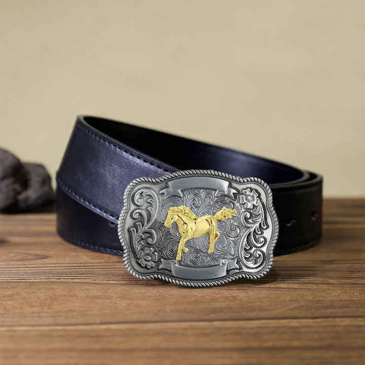 Men's DIY Gold Carving Animal Buckle Leather Belt - Horse - Black PU Belt (40) - image 3