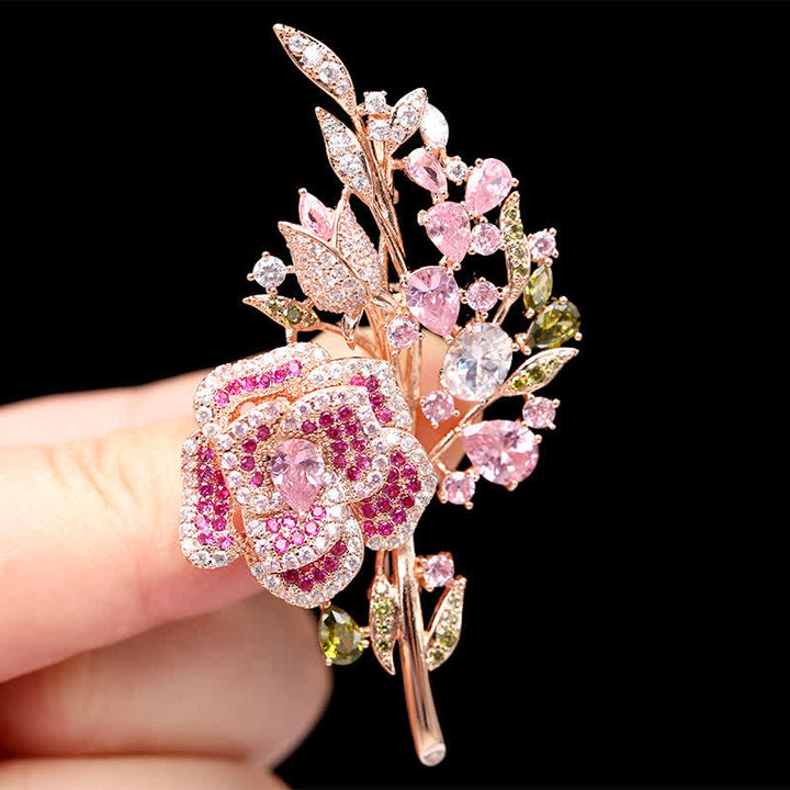 Women's Rose Flower Bouquet Zircon Brooch