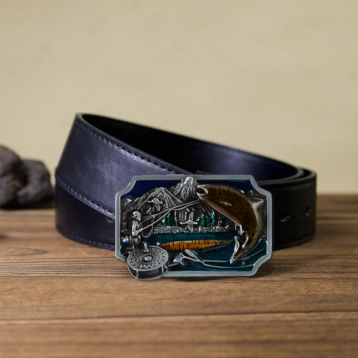 Men's DIY Fishing Enamel Rectangle Buckle Leather Belt