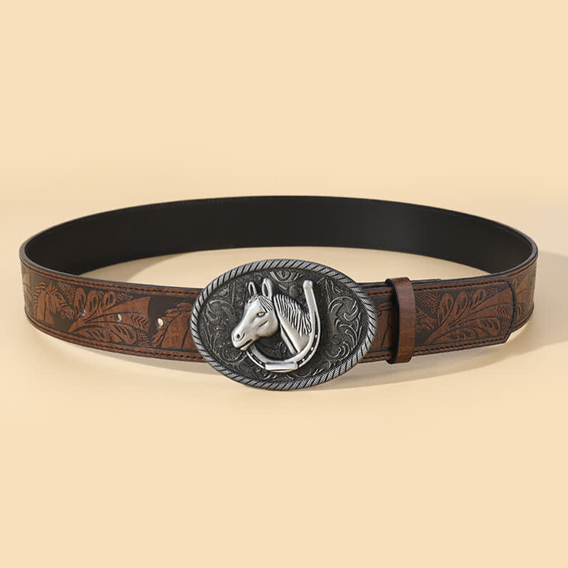 Men's Horse Head Brown Embossed Pattern Leather Belt