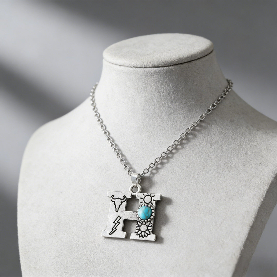Vintage Initial Letter Turquoise Charm Necklace - H - image 9