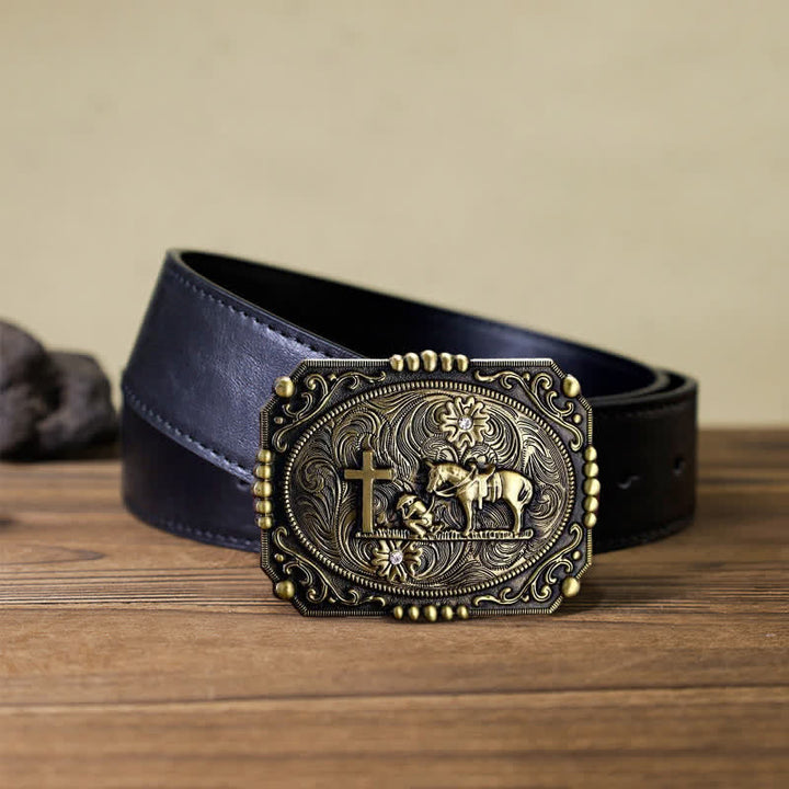 Men's DIY Horse Cross Kneeling Prayer Buckle Leather Belt