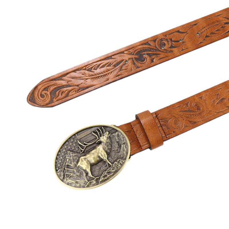 Men's Vintage Carved Deer American Flag Leather Belt