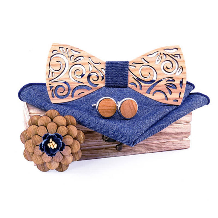 4Pcs Men's Hollow Leaf Design Wooden Bow Tie Set