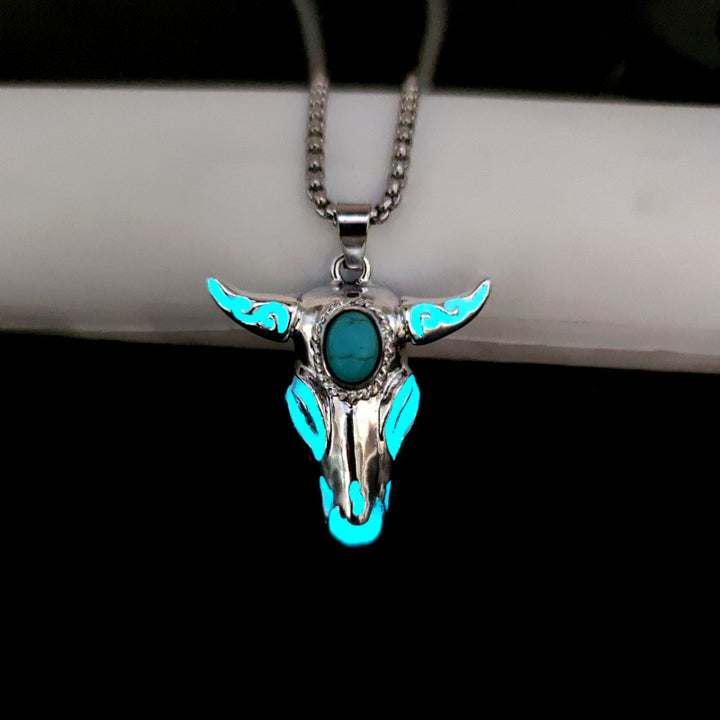 Men's Vintage Western Glow in the Dark Bull Skull Necklace - Teal - image 8