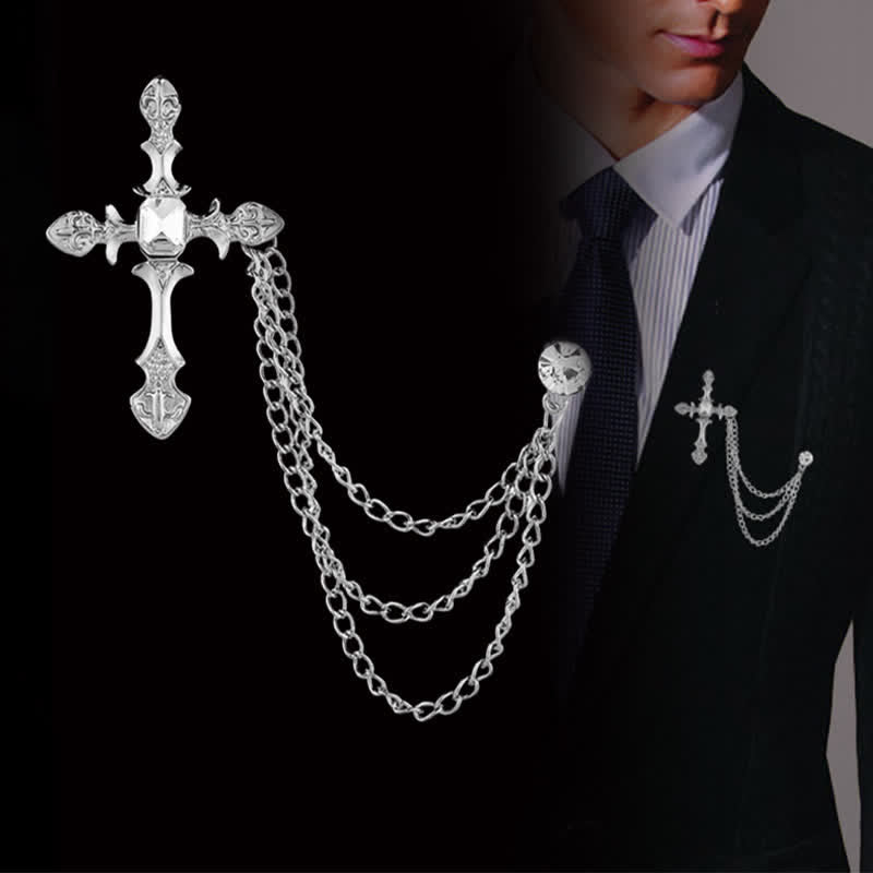 Men's Classic Cross Crystal Chain Brooch - Silver & White - image 5