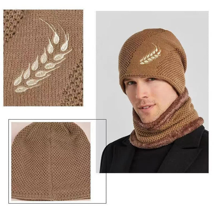 2Pcs Embroidered Wheat Beanie Hat Neck Warmer Set