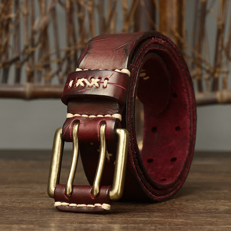 Men's Distressed Double Needle Buckle Leather Belt - image 9