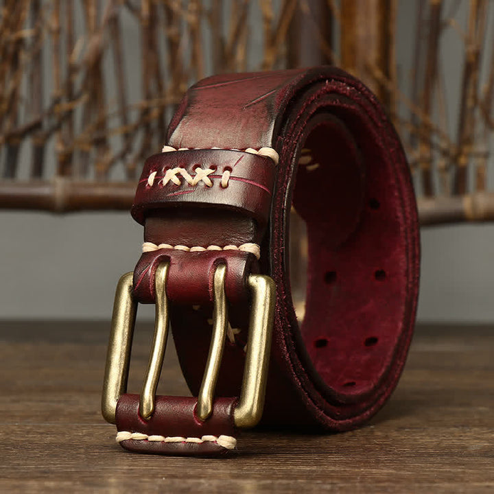 Men's Distressed Double Needle Buckle Leather Belt - image 9