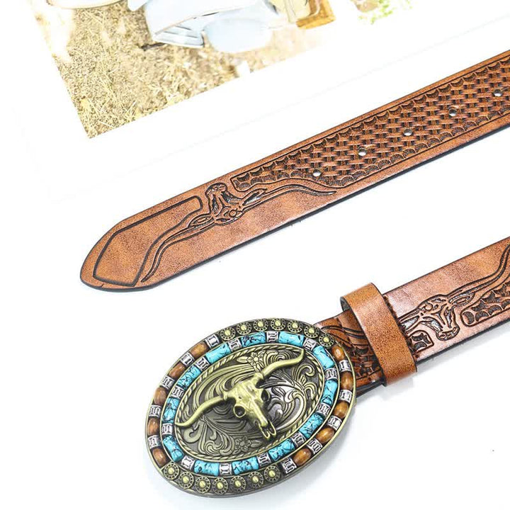 Men's Western Cowboy Turquoise Bull Leather Belt