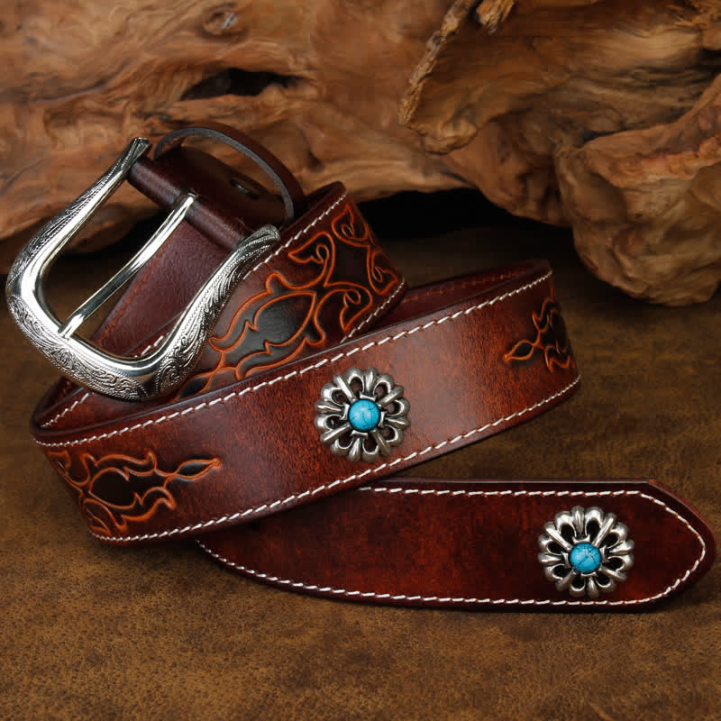 Unisex Retro Brown Turquoise Flower Leather Belt