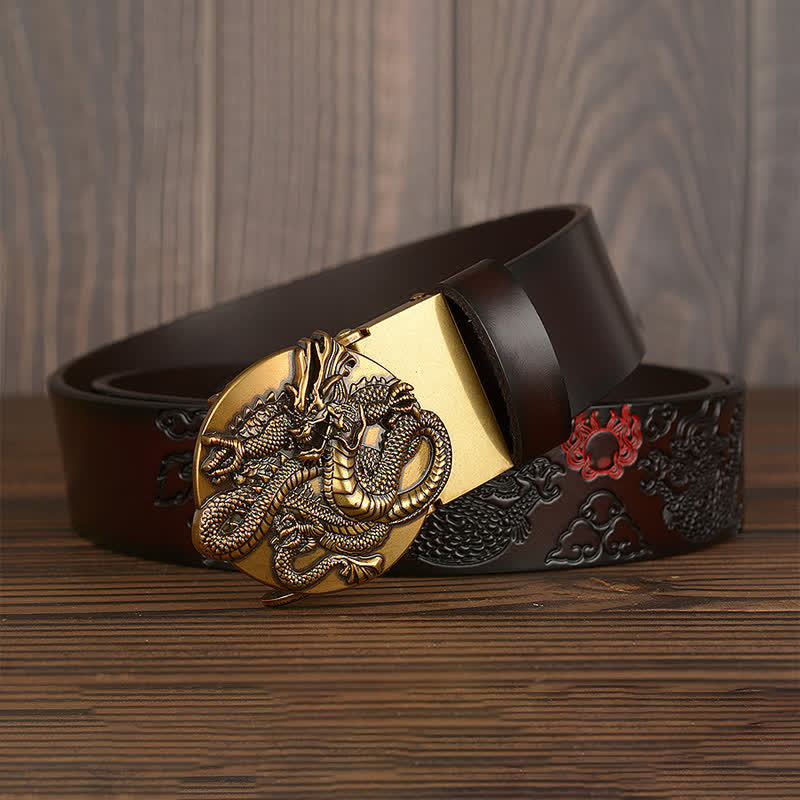 Men's Flame Dragon Round Automatic Buckle Leather Belt