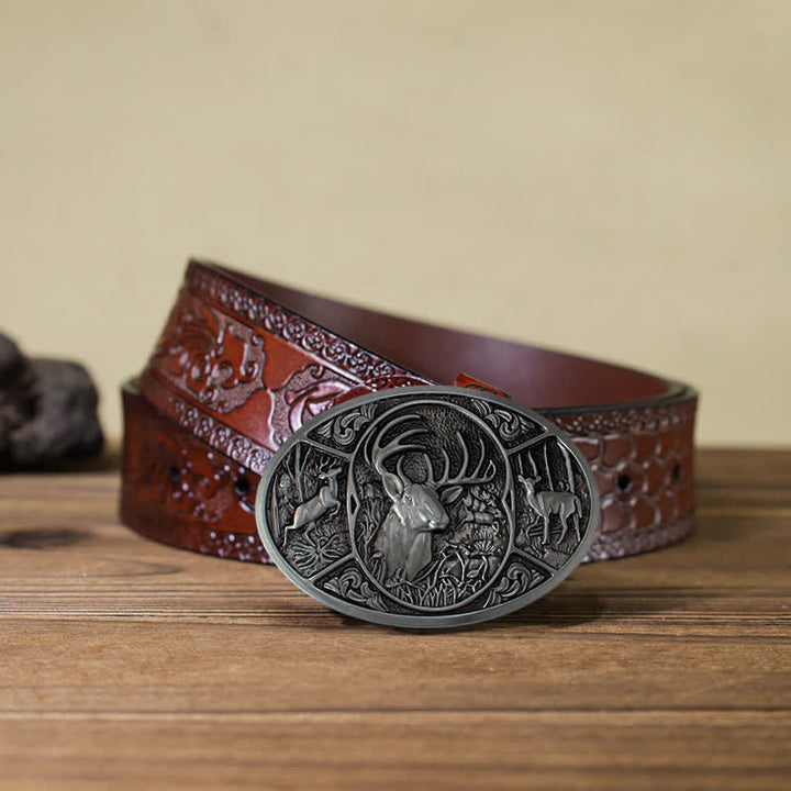 Men's DIY Animal Elk Deer Buckle Leather Belt