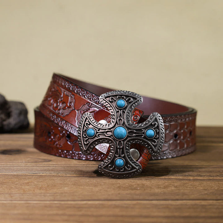 Men's DIY Retro Turquoise Stone Cross Buckle Leather Belt