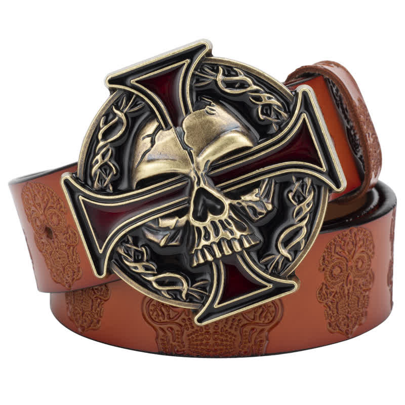 Men's Cross Skull Embossed Pattern Leather Belt