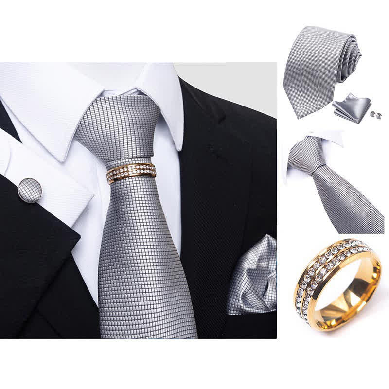 4Pcs Men's Micro-checked Necktie Set With Tie Ring