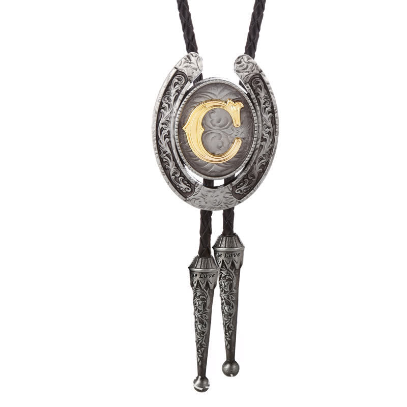 Modern Western Horseshoe Initial Letter A To Z Bolo Tie - Silver - C - image 32