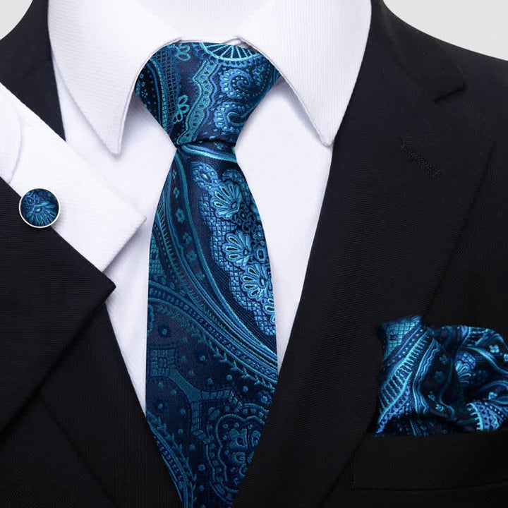 3Pcs Men's Teal Paisley Necktie Set