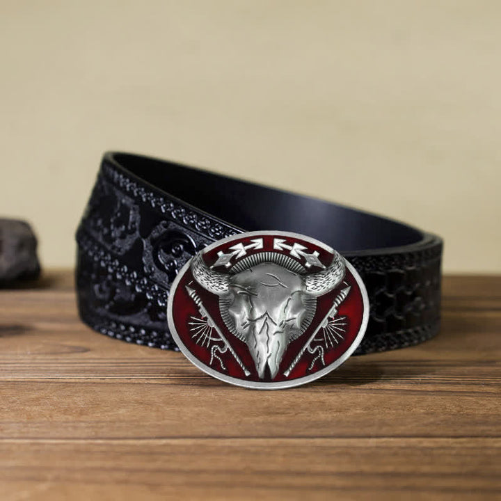 Men's DIY Indian Theme Bull Skull Buckle Leather Belt