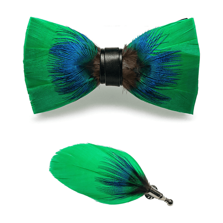 Blue & Green Novelty Feather Bow Tie with Lapel Pin