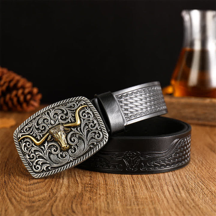 Men's Flower Square Bull Buckle Leather Belt