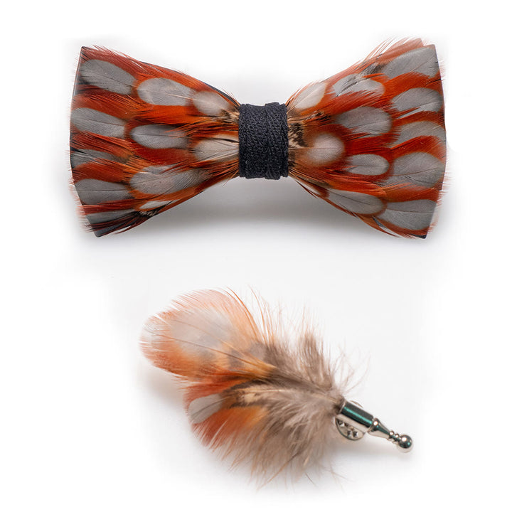 Orange & White Warmth Feather Bow Tie with Lapel Pin