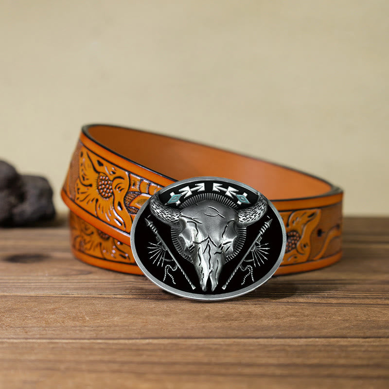 Men's DIY Indian Theme Bull Skull Buckle Leather Belt