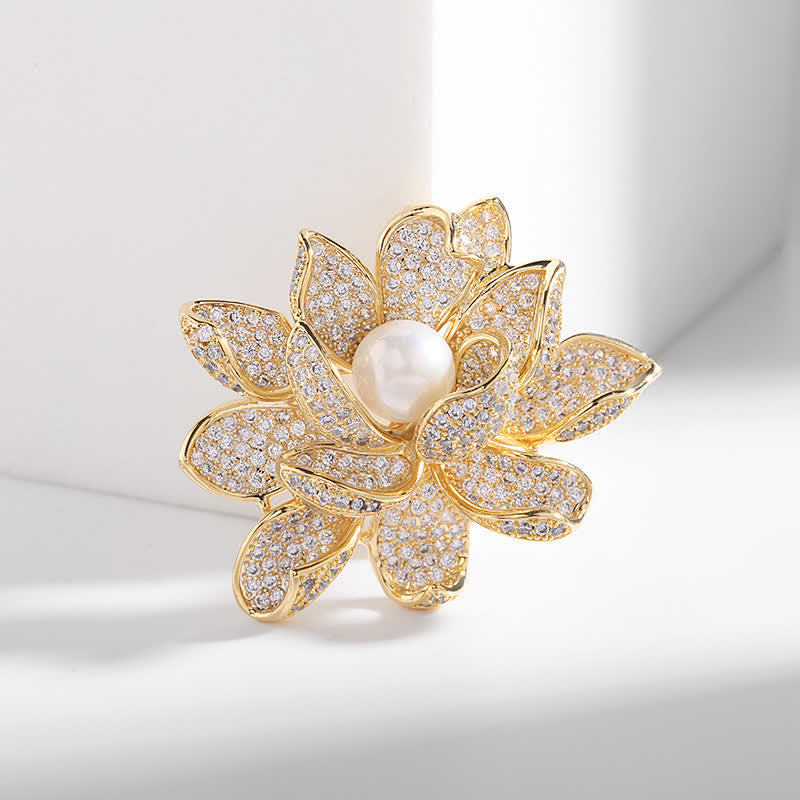 Women's Three-Dimensional Pearl Lotus Brooch