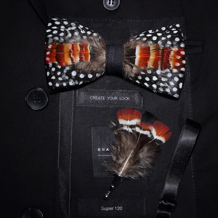 Orange & Black White Polka Feather Bow Tie with Lapel Pin