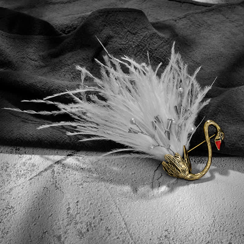 Women's Black / White Swan Plush Feather Brooch