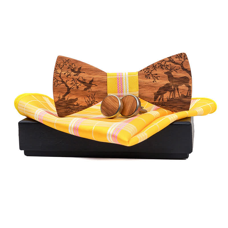 3Pcs Men's Fancy Christmas Elk Wooden Bow Tie Set