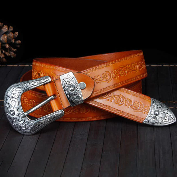 Unisex Rustic Texture Flower Printing Leather Belt