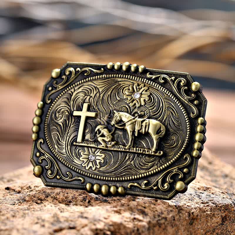 Men's DIY Horse Cross Kneeling Prayer Buckle Leather Belt