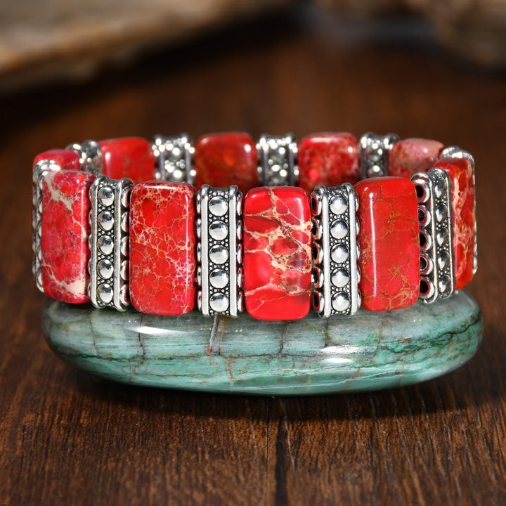 Vintage Boho Rectangle Emperor Stone Silver‑tone Panel Stretch Bracelet - Red - image 5