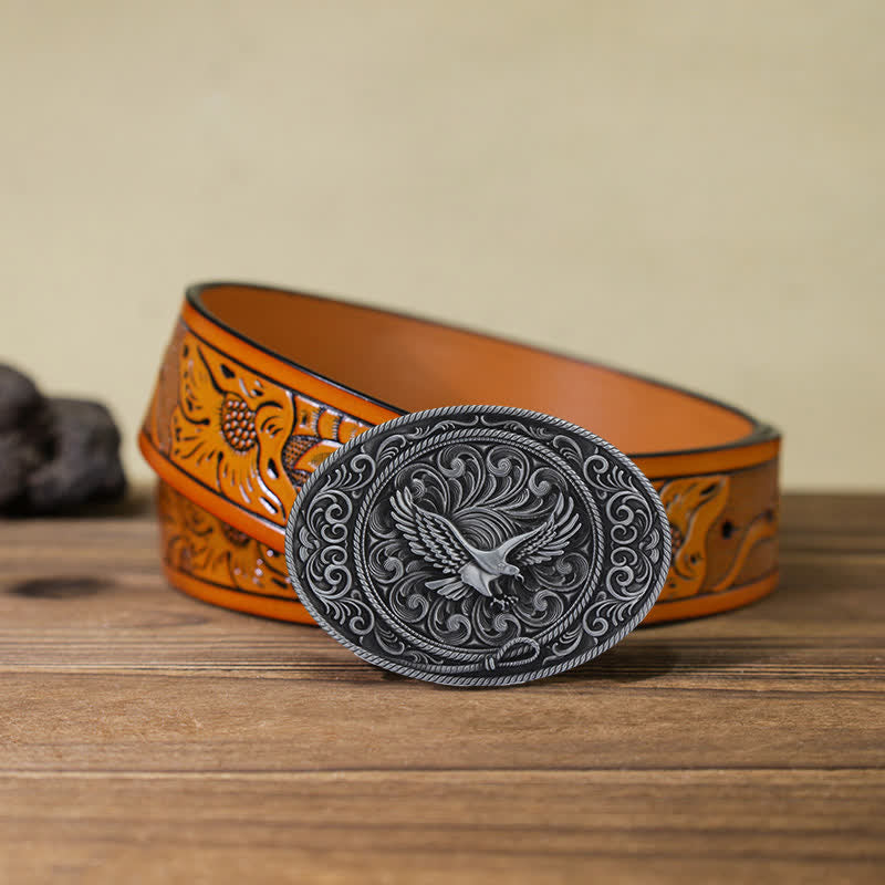 Men's DIY Soaring Eagle Engraved Floral Buckle Leather Belt