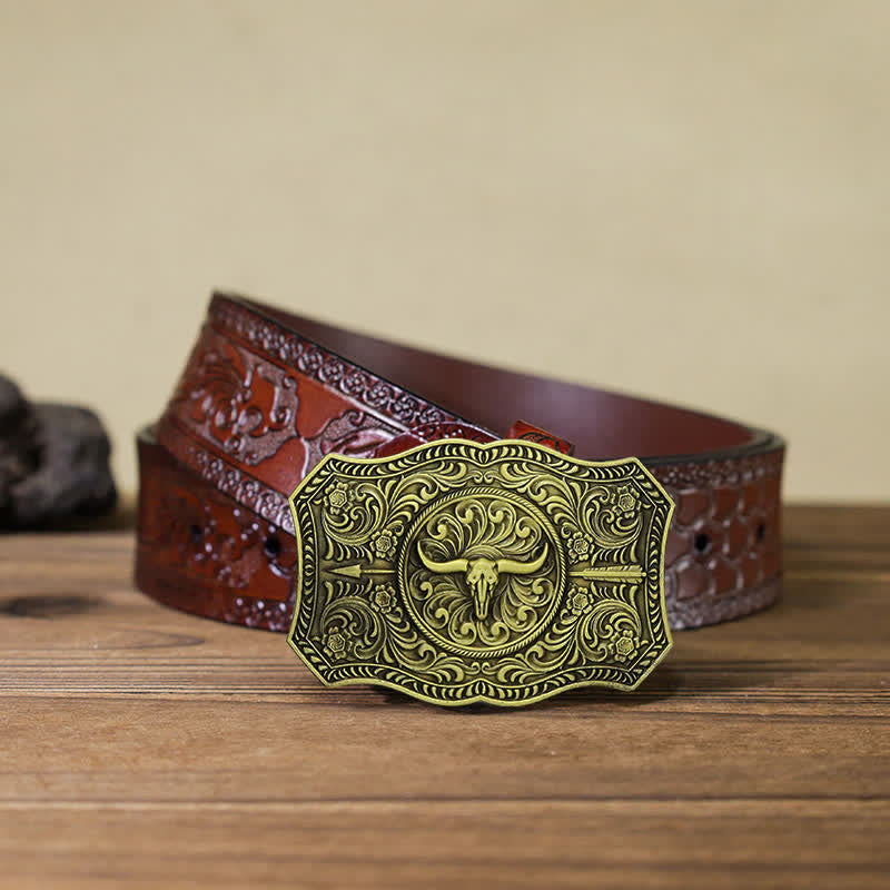 Men's DIY Long Horn Bull Arrow Buckle Leather Belt