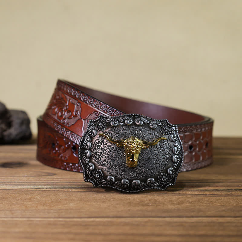 Men's DIY Longhorn Bull Antiqued Silver Buckle Leather Belt