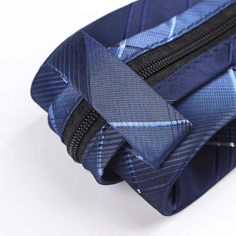 Men's Gradient Navy Blue Zipper Tie Plaid Necktie