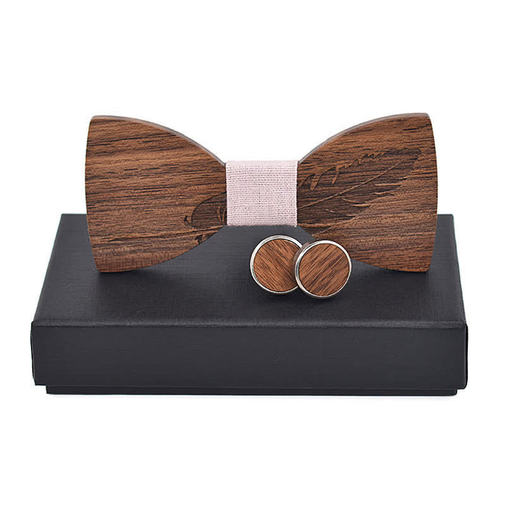 2Pcs Men's Feather Engraving Wooden Bow Tie Set