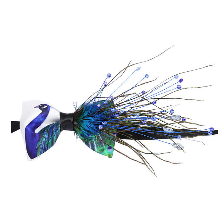 Blue Peacock Tail Beaded Feather Bow Tie