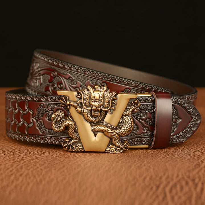 Men's Letter V Dragon Embossing Leather Belt