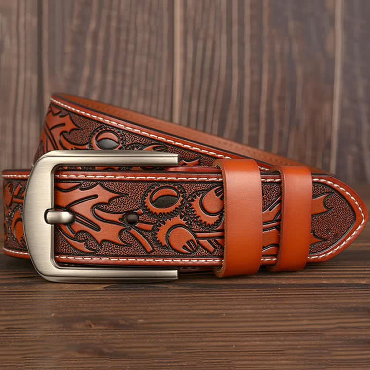 Men's Floral Embossed Pattern Leather Belt