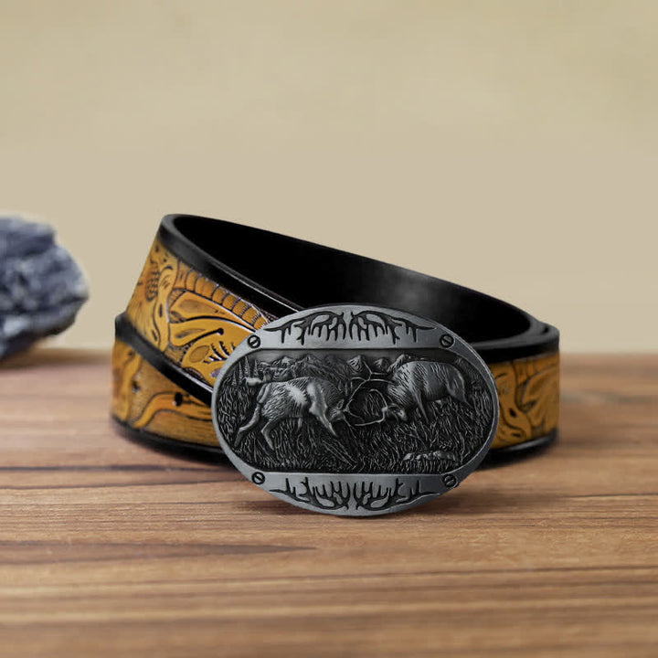 Men's DIY Wild Fighting Deer Buckle Western Leather Belt