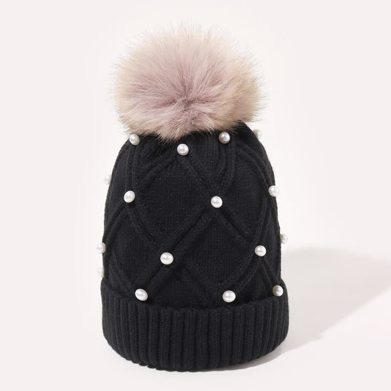 Women's Cute Pearls Deor Pompoms Stretchy Knitted Hat