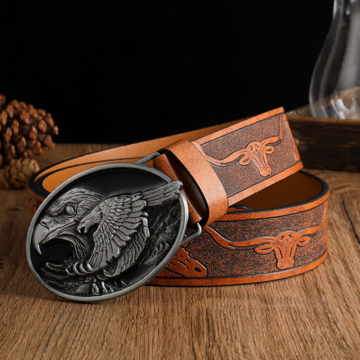 Men's Carved Bald Hawk Eagle Buckle Leather Belt