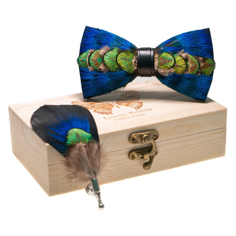 Kid's Blue & Green-yellow Feather Bow Tie with Lapel Pin