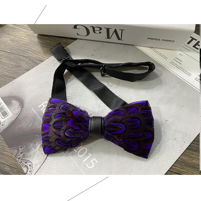 Purple & FireBrick Feather Bow Tie with Lapel Pin